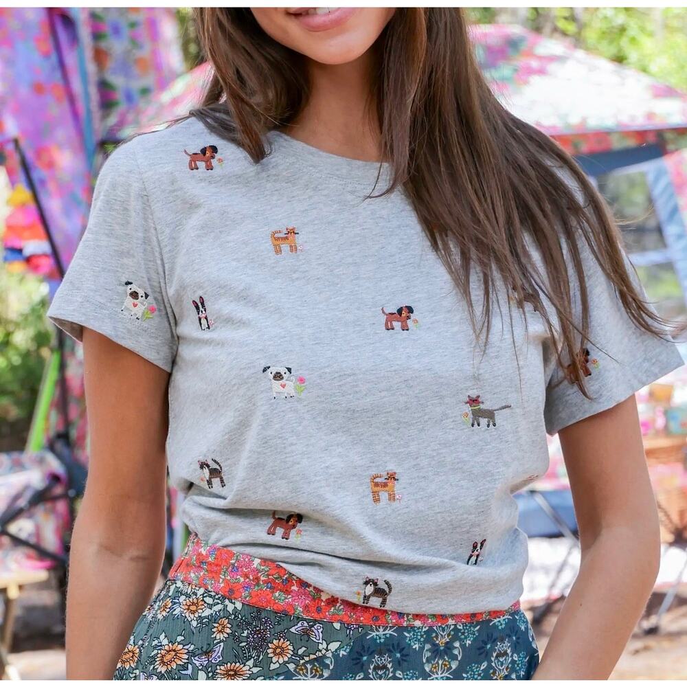 NWT Natural Life Fave Little Things Embroidered Tee Grey Pets Cats & Dogs Sz XL